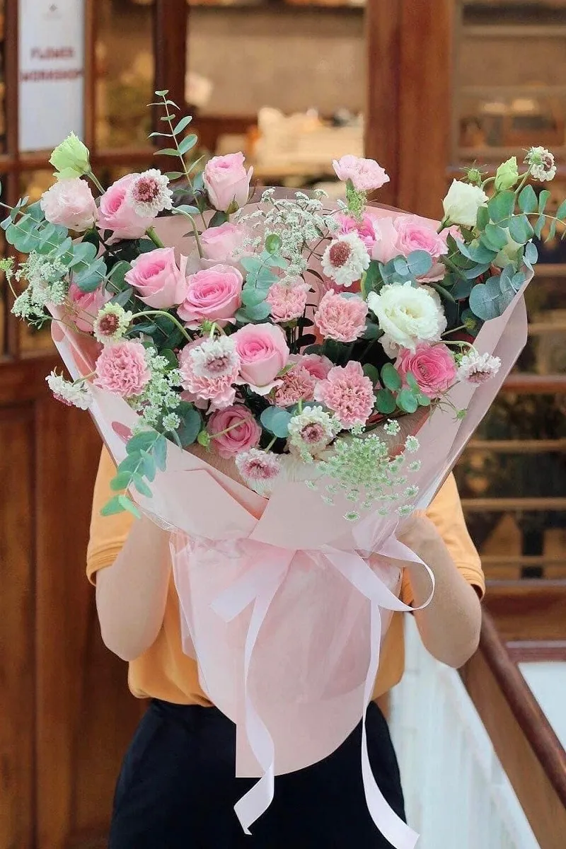 Bó Hoa Hồng Phấn Cẩm Chướng