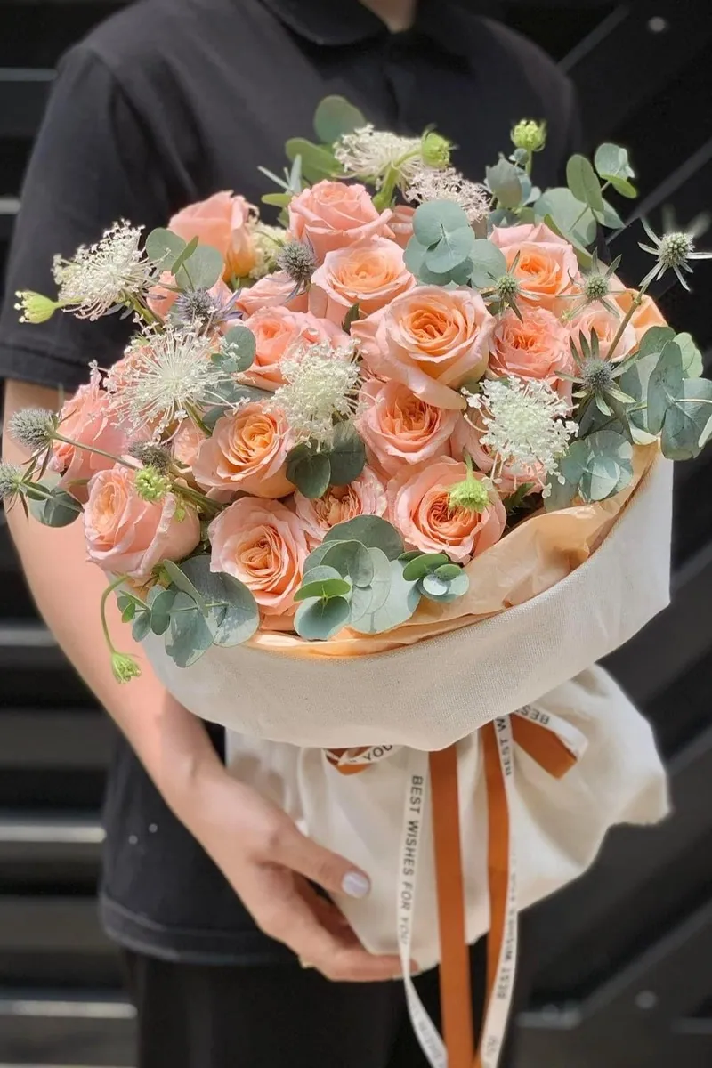Bó Hoa Hồng Cam Đào Hoa Ren Trắng
