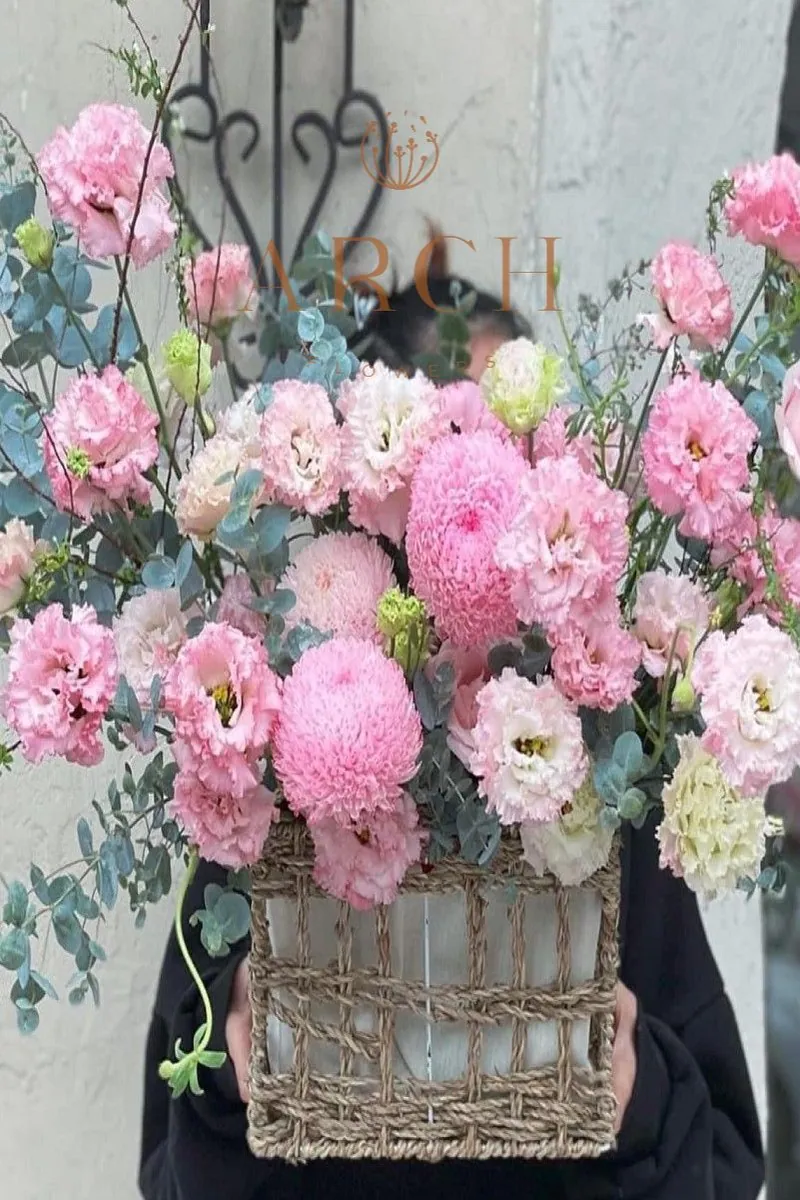 Giỏ Hoa Cúc Mẫu Đơn Cát Tường Tone Hồng