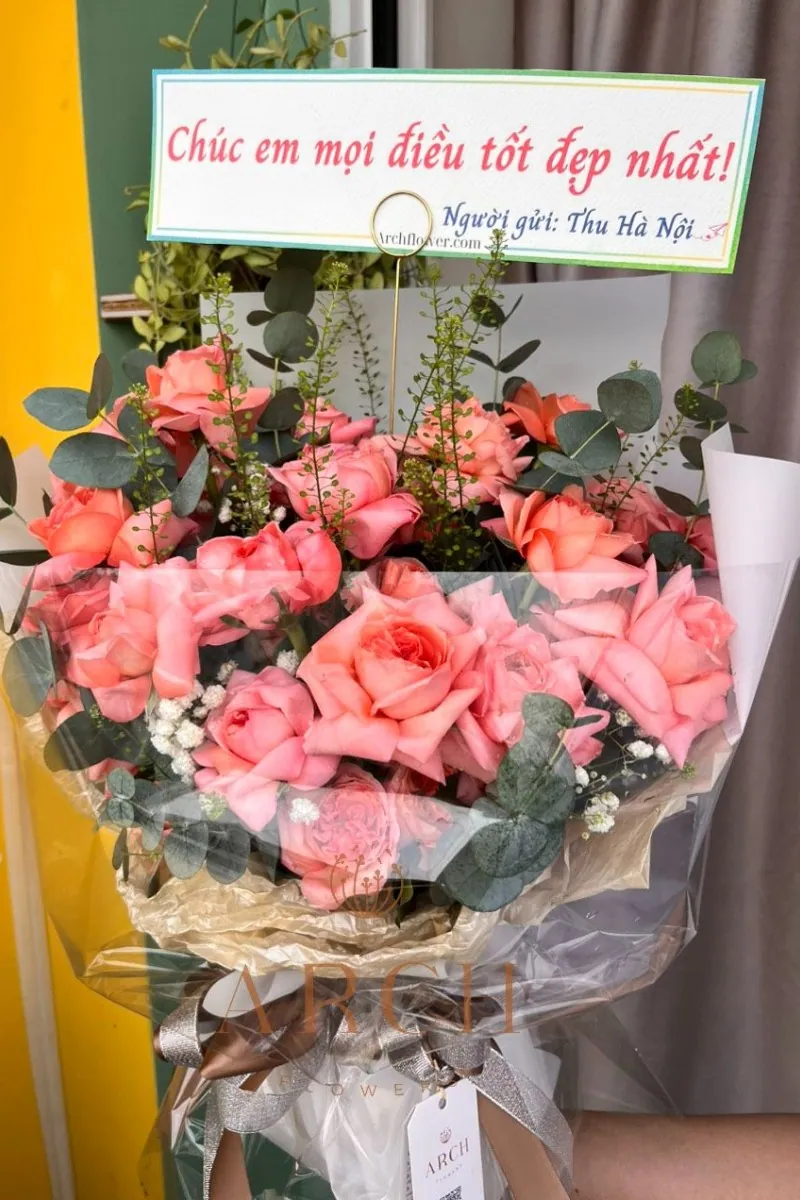 Bó Hoa Hồng Cam Baby Trắng Nơ Bạc