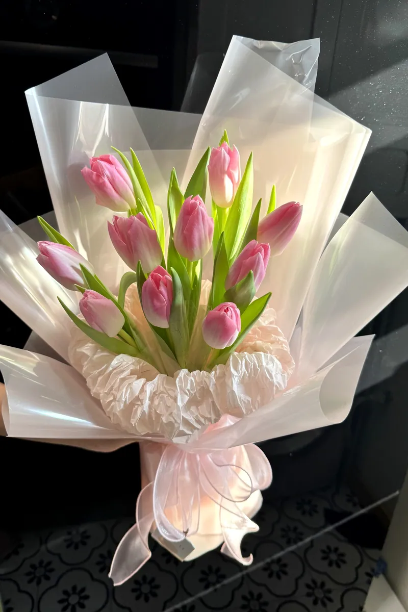 Bó Hoa Tulip Hồng Giấy Trong